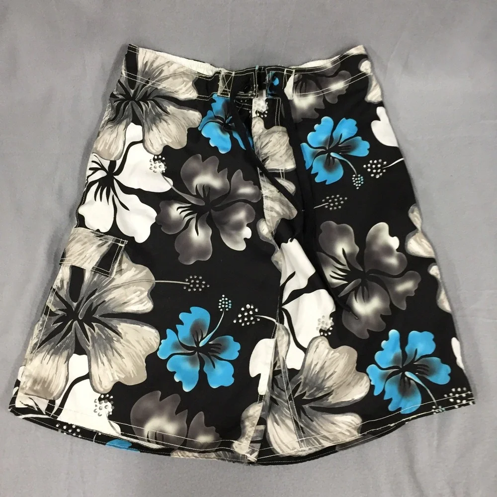 Ocean Pacific OP Mens Board Shorts Black Blue Hibiscus Swim Trunks Size M 32 34